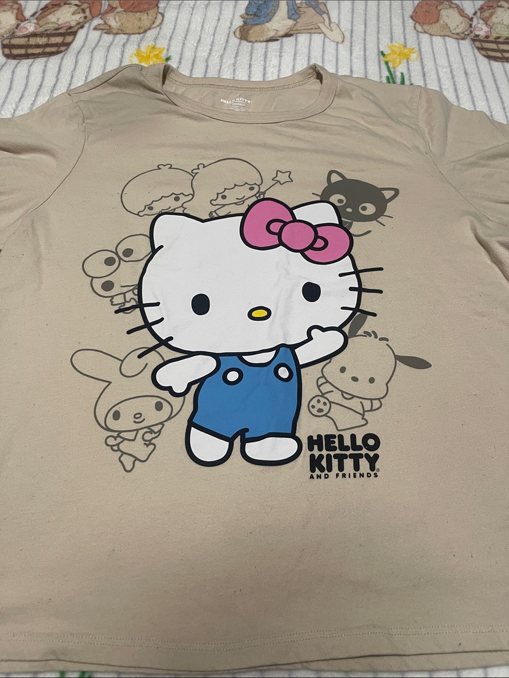 Hello Kitty Short Sleeve Tee in Beige with Pink Bow & Blue Overalls